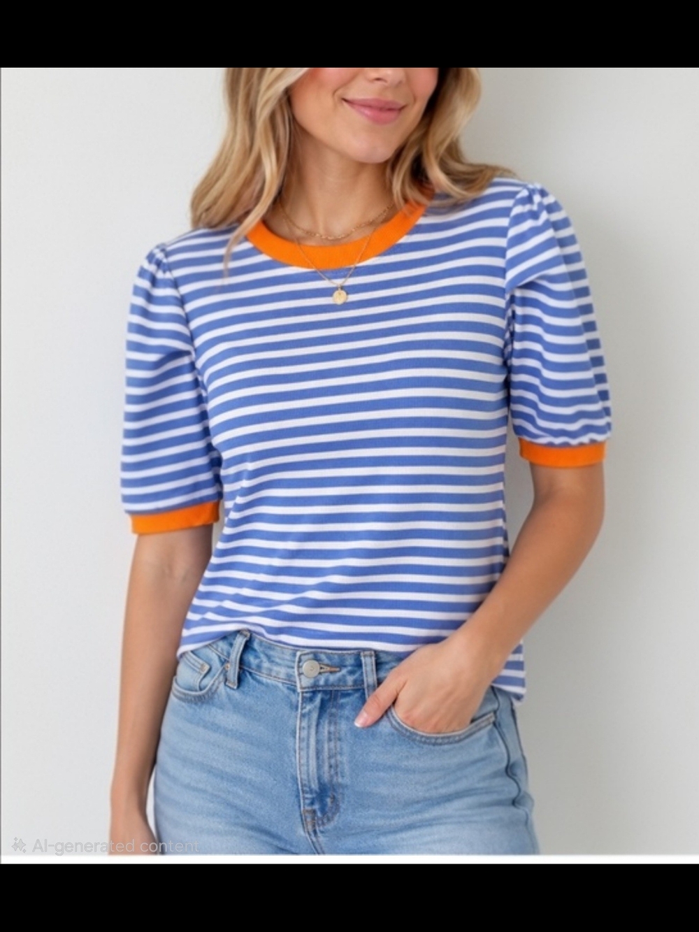 Rebecca Minkoff Coastal Blue and White Striped Tee with Orange Trim
